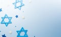 Jewish holiday Hanukkah concept. Top view of sweet donuts, menorah and candles on blue background Royalty Free Stock Photo