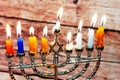 Jewish holiday Hanukkah creative background with menorah. View from above focus on . Royalty Free Stock Photo