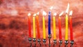 Jewish holiday Hanukkah creative background with menorah. View from above focus on .