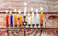 Jewish holiday Hanukkah creative background with menorah. View from above focus on . Royalty Free Stock Photo