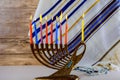 Jewish holiday Hanukkah creative background with menorah. View from above focus on . Royalty Free Stock Photo