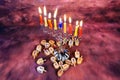 Jewish holiday Hanukkah creative background with menorah. View from above focus on . Royalty Free Stock Photo