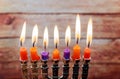 Jewish holiday Hanukkah creative background with menorah. Royalty Free Stock Photo