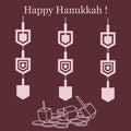 Jewish holiday Hanukkah: dreidel, sivivon, coins and paper garland.