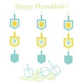 Jewish holiday Hanukkah: dreidel, sivivon, coins and paper garland.