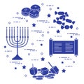 Jewish holiday Hanukkah: dreidel, sivivon, menorah, coins, donuts and other.