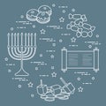 Jewish holiday Hanukkah: dreidel, sivivon, menorah, coins, donuts and other. Design for postcard, banner, poster or print Royalty Free Stock Photo