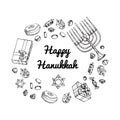 Jewish holiday Hanukkah greeting card. Doodle Set of traditional Chanukah symbols isolated on white - dreidels, Hebrew Royalty Free Stock Photo