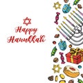 Jewish holiday Hanukkah greeting card. Doodle Set of traditional Chanukah symbols isolated on white - dreidels, Hebrew letters, do Royalty Free Stock Photo