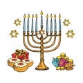 Jewish holiday Hanukkah greeting card. Doodle Set of traditional Chanukah symbols isolated on white - dreidels, Hebrew Royalty Free Stock Photo