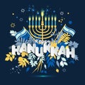 Jewish holiday Hanukkah greeting card and invitation traditional Chanukah symbols -menorah candles, star David Royalty Free Stock Photo