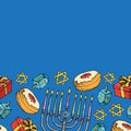 Jewish holiday Hanukkah greeting card. Seamless border of traditional Chanukah symbols isolated on white - dreidels, sweets, donut Royalty Free Stock Photo