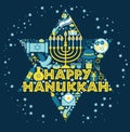 Jewish holiday Hanukkah greeting card traditional Chanukah symbols - wooden dreidels spinning top and Hebrew letters Royalty Free Stock Photo