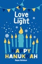 Jewish holiday Hanukkah greeting card traditional Chanukah symbols - menorah candles, star David illustration on blue. Royalty Free Stock Photo