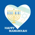 Jewish holiday Hanukkah greeting card traditional Chanukah symbols - menorah candles in heart illustration on blue
