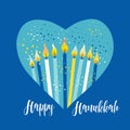 Jewish holiday Hanukkah greeting card traditional Chanukah symbols - menorah candles in heart illustration on blue.