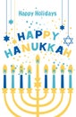 Jewish holiday Hanukkah greeting card traditional Chanukah symbols - menorah candles, star David illustration on blue. Royalty Free Stock Photo