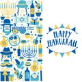 Jewish holiday Hanukkah greeting card traditional Chanukah symbols - wooden dreidels spinning top and Hebrew letters Royalty Free Stock Photo