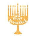 Jewish holiday Hanukkah greeting. Traditional Chanukah symbols isolated on white - menorah candles, star David glowin