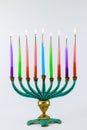 Jewish holiday Hanukkah with hanukkiah menorah on nine candles