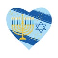 Jewish holiday Hanukkah heard greeting card traditional Chanukah symbols - menorah candles in heart illustration on blue