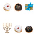 jewish holiday Hanukkah image with traditional doughnuts isolated and menorah & x28;traditional candelabra& x29; on white. Royalty Free Stock Photo