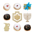 jewish holiday Hanukkah image with traditional doughnuts and menorah & x28;traditional candelabra& x29; isolated on white. Royalty Free Stock Photo