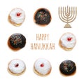 jewish holiday Hanukkah image with traditional doughnuts and menorah & x28;traditional candelabra& x29; isolated on white. Royalty Free Stock Photo