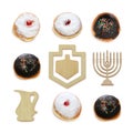 jewish holiday Hanukkah image with traditional doughnuts and menorah & x28;traditional candelabra& x29; isolated on white. Royalty Free Stock Photo