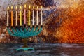 Jewish holiday Hanukkah with menorah traditional candelabra and Burning candles Royalty Free Stock Photo