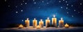 Jewish holiday Hanukkah with nine candles menorah on dark blue stary night sky lights background.