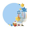 Jewish holiday Hanukkah round frame design with menorah, dreidel, traditional donuts for Hanuka greeting card template