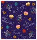 Jewish holiday Hanukkah seamless pattern with Hanukkah menorah, dreidels, star of David and donuts. Royalty Free Stock Photo