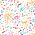 Jewish holiday Hanukkah seamless pattern. Set of traditional Chanukah symbols isolated on white - dreidels, sweets Royalty Free Stock Photo