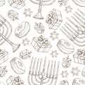 Jewish holiday Hanukkah seamless pattern. Set of traditional Chanukah symbols isolated on white - dreidels, sweets