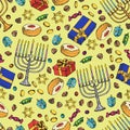 Jewish holiday Hanukkah seamless pattern. Set of traditional Chanukah symbols isolated on white - dreidels, sweets, donuts, menora Royalty Free Stock Photo