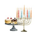 Jewish holiday Hanukkah symbols with menorah, candles, dreidel, traditional donuts. Best for Hanuka greeting card