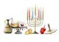 Jewish holiday Hanukkah symbols, watercolor illustrations set. Menorah, candles, donuts, jug of oil, coins, dreidels