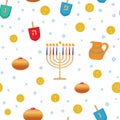Jewish holiday Hanukkah traditional symbols seamless vector pattern Royalty Free Stock Photo
