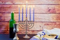 Jewish holiday Hanukkah wine taliit Beautiful menorah Royalty Free Stock Photo