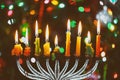 Brightly Glowing Hanukkah Menorah soft focus