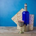 Jewish holiday Passover background with matzo and wine