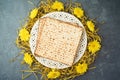 Jewish holiday Passover concept with matzah, seder plate and golden decorations on dark background Royalty Free Stock Photo