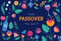 Jewish holiday Passover, Pesach. Greeting card, banner with traditional icons. Springtime concept design. Happy Passover