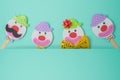 Jewish holiday Purim background with cute paper clowns characters Royalty Free Stock Photo