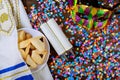 Jewish holiday Purim with carnival mask and hamantaschen cookies. Flat lay Royalty Free Stock Photo