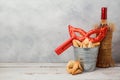 Jewish holiday Purim concept with hamantaschen cookies or hamans ears, carnival mask