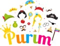 Jewish holiday Purim set of costume accessories. happy purim in hebrew