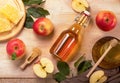 Jewish holiday Rosh Hashana background with apples and apple cider vinegar and honey on blackboard. View from above. Flat lay Royalty Free Stock Photo