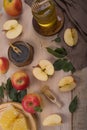 Jewish holiday Rosh Hashana background with apples and honey on blackboard. View from above. Flat lay Royalty Free Stock Photo